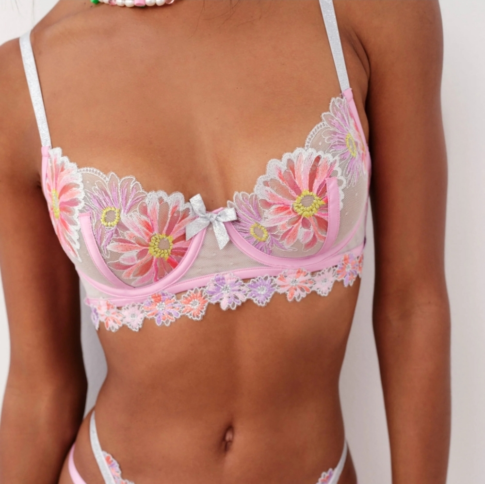 NWT For Love & Lemons Embroidered Floral Coquette Romantic Bow Petal Pink Bra